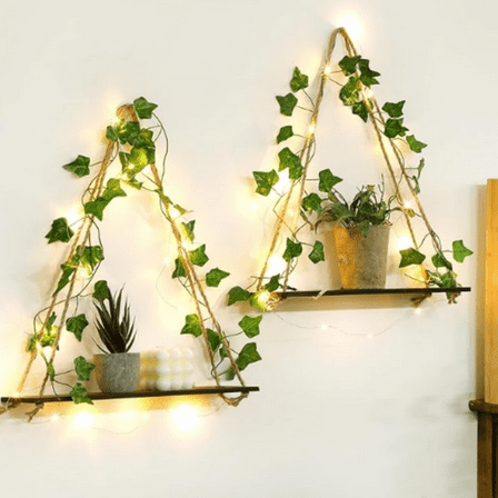 2 Pack Artificial Ivy Wall Hanging Shelves Boho Floating Shelves Wall D r, Adjustable Rustic Wood Shelf with LED Light Storage Rack Plant Shleves Holder for Bedroom