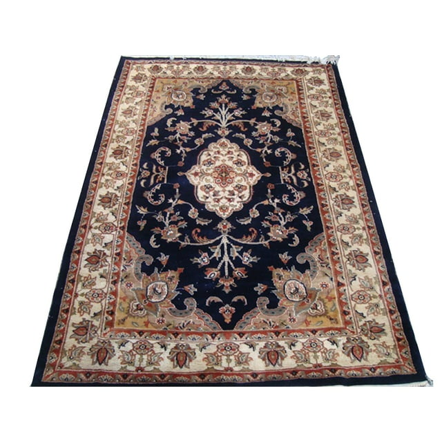 Mid Night Blue Ivory Touch Flowers Rectangle Area Rug Hand Knotted Wool Silk Carpet (6 X 4)'
