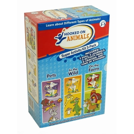 Hooked on Animals Super Activity Kit 3 Pack ~ From Hooked on Phonics ~ 3 DVDs, 3 Journals, 3 Activity Pads & 9 Crayons