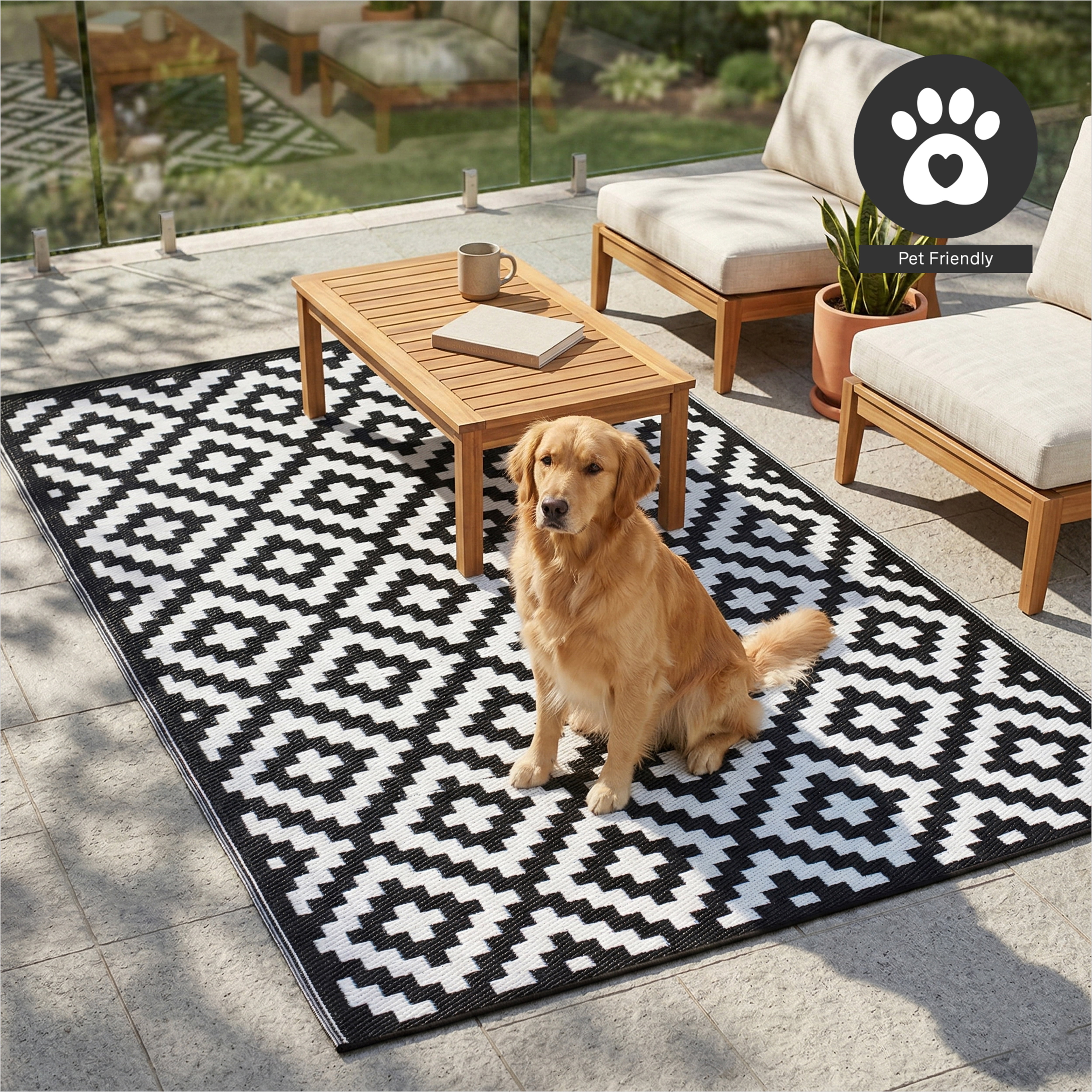 FH Home Outdoor Rug - Reversible - Indoor Use, Kids Room, Mudroom - Stain Resistant, Easy to Clean Weather Resistant Floor Mats - Aztec - Black/White (3 ft x 5 ft)