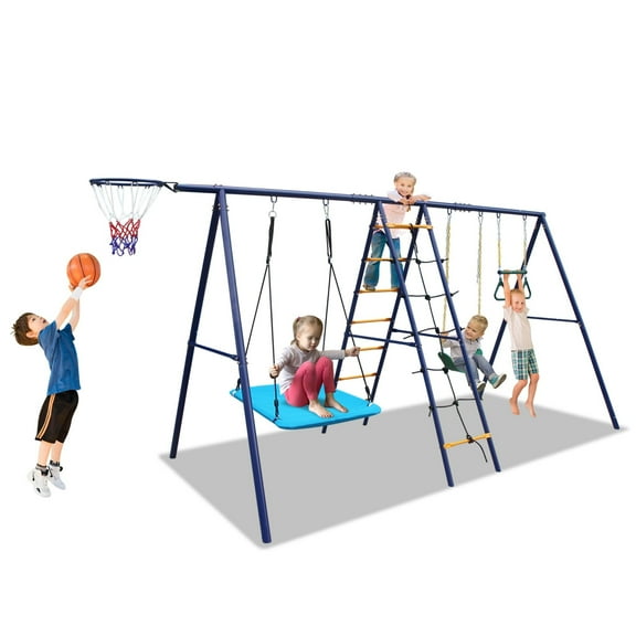Enyopro Swing Set for Outside, 6 in 1 Swing Set With Climbing Ladder, Climbing Net, Trapeze bar, Hammock Swing, Belt Swing, Basketball hoop for Backyard