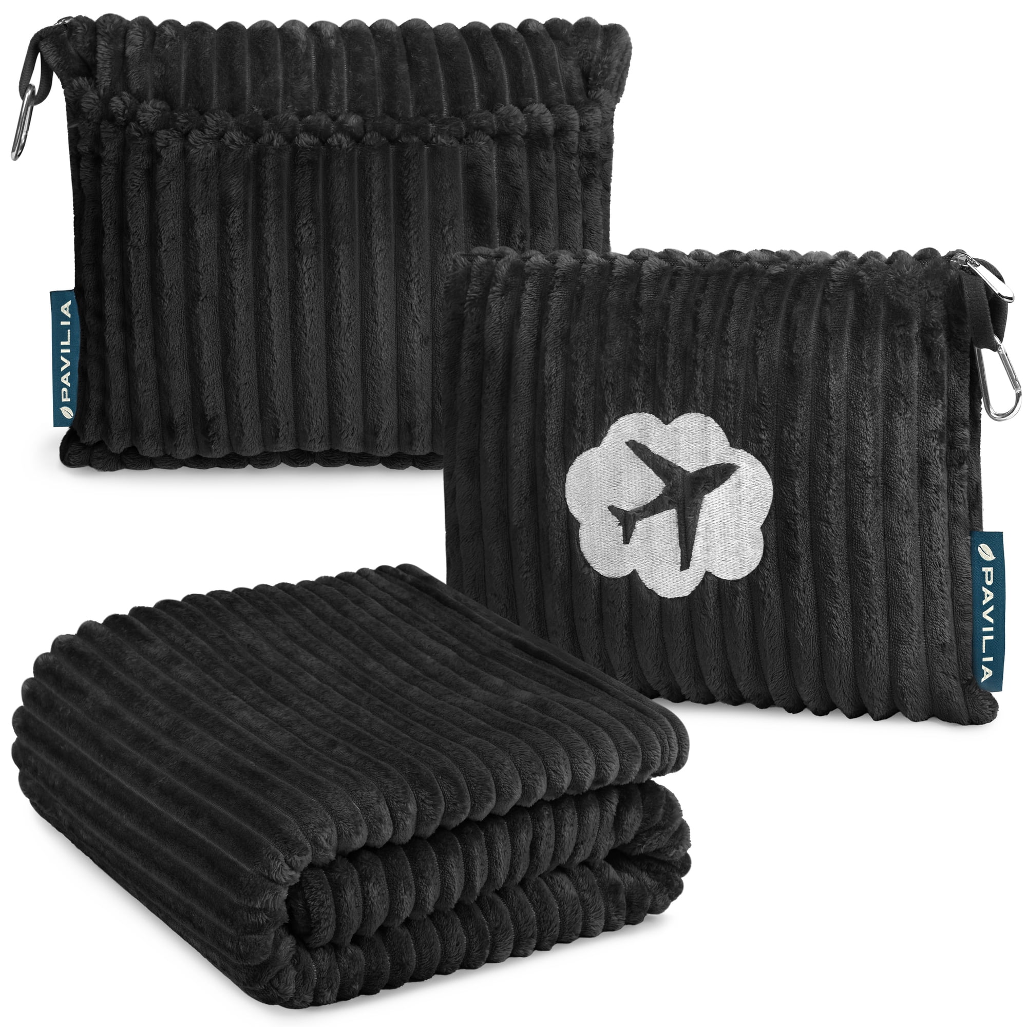 PAVILIA Travel Blanket Pillow, Soft Ribbed Fleece Airplane Blanket, Black