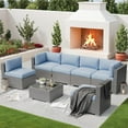 thumbnail image 5 of SOLAURA 7-Piece Patio furniture Outdoor  Sofa Set, Gray Wicker Rattan  Sectionals Light Blue Cushion Sofa Conversation Set with Glass Coffee Table, 5 of 7
