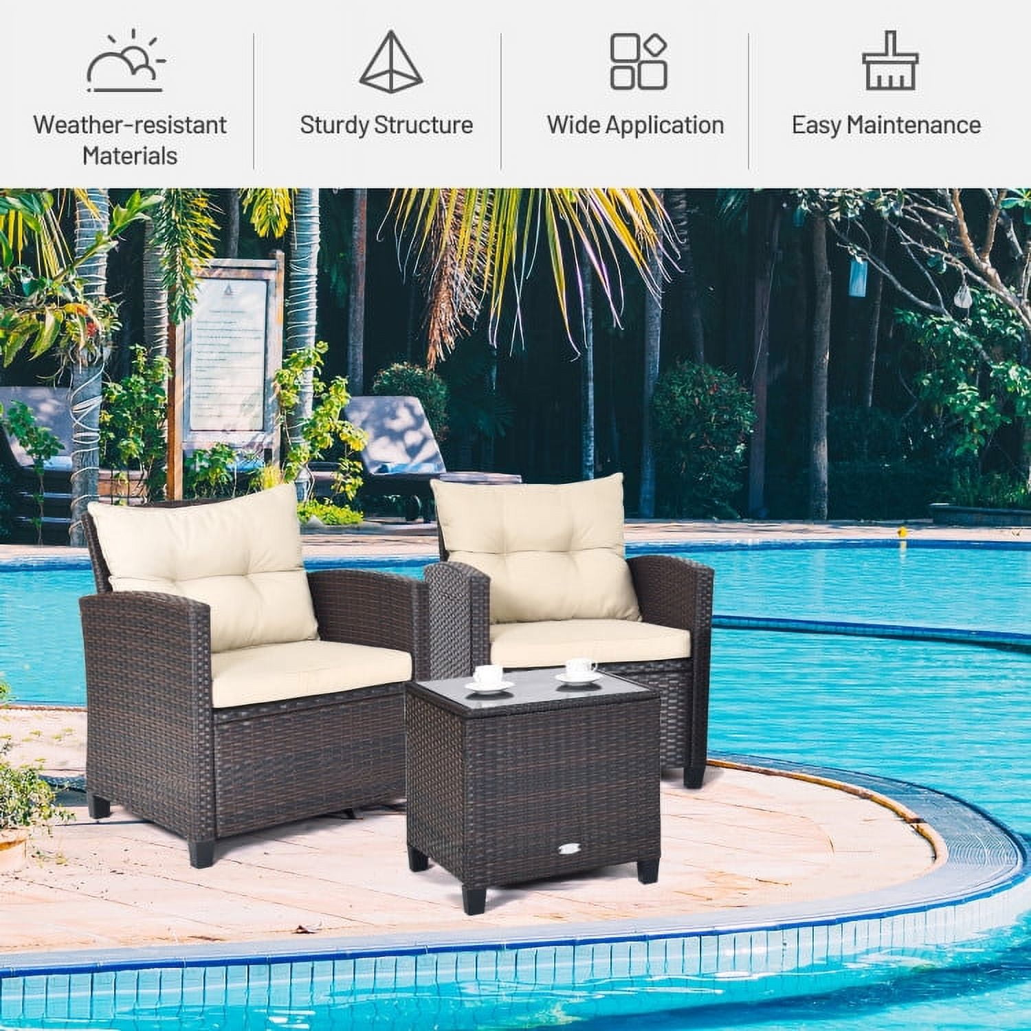 Aimee Lii 3 Pieces Wicker Patio Furniture Set, Coffee Table Cushioned Sofa, Modern Patio Furniture, Beige Aimee Lii 3 Pieces Wicker Patio Furniture Set, Coffee Table Cushioned Sofa, Modern Patio Furniture, Beige