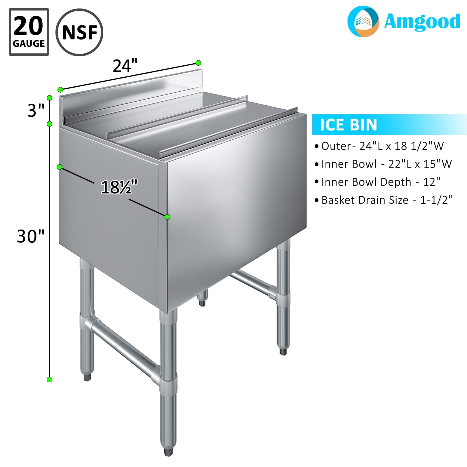 AmGood Underbar Ice Bin 18.5 in. x 24 in. x 30 in. | Stainless Steel Ice Chest With Sliding Lid | NSF