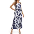 thumbnail image 2 of OYYN Women's Blue White Tropical Palm Leaf Print Sleeveless Maxi Dress Belted A-Line Summer Dress with Pockets for Beach Vacation, 2 of 7