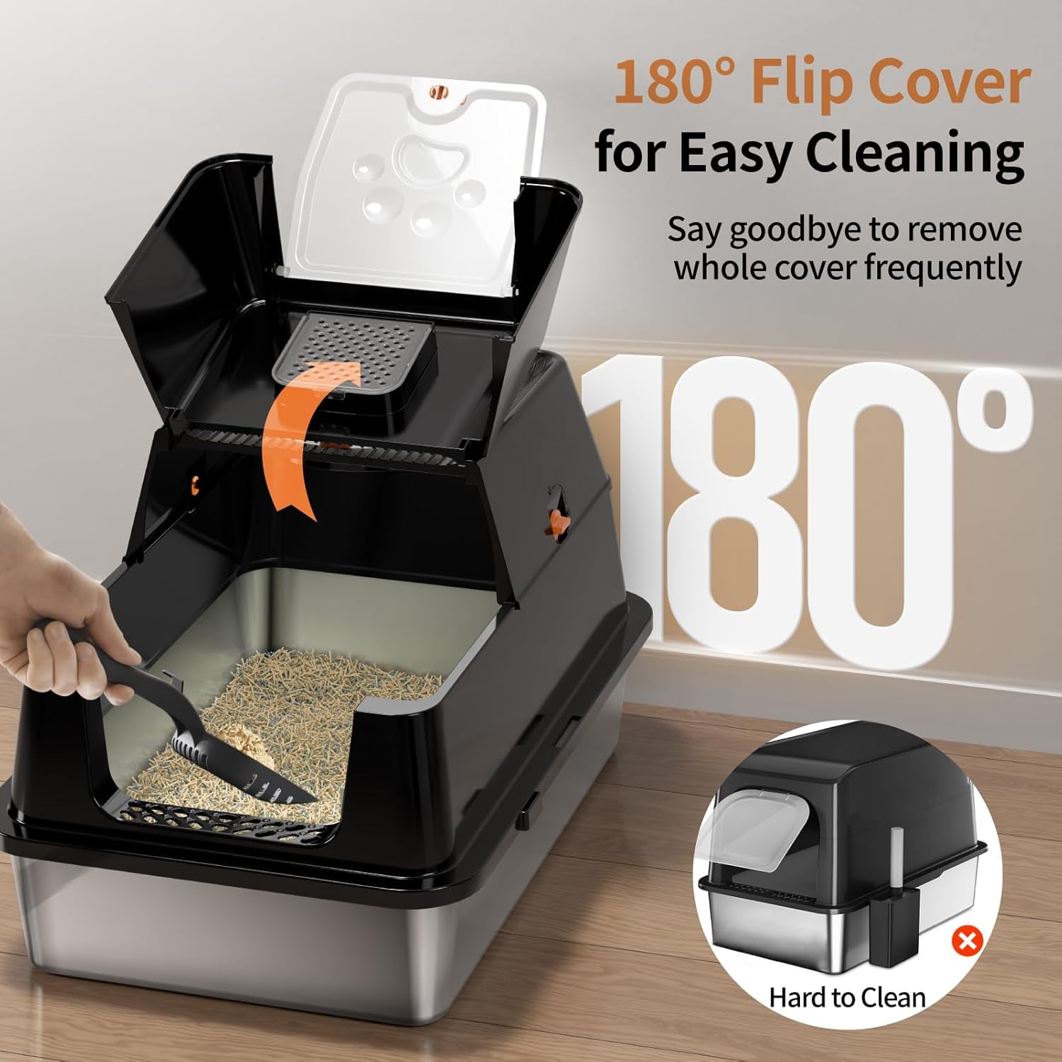 Stainless Steel Cat Litter Box with Lid, 180 °   Flip-Top XL Extra Large Enclosed Litter Box, Covered Metal High Sided Litter Pan with Steps & Scoop, Easy Cleaning, Odor Control,Non-Sticky-Black