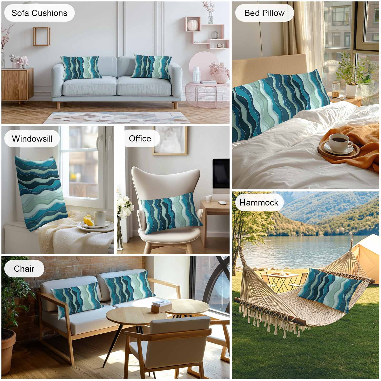 Outdoor Waterproof Throw Pillow Covers Set of 2 Teal Waves Decorative Pillowcases Lumbar Outdoor Pillows Cushion Case 20x12 Inch Abstract Lines Patio Pillows for Couch Sofa Bed Garden