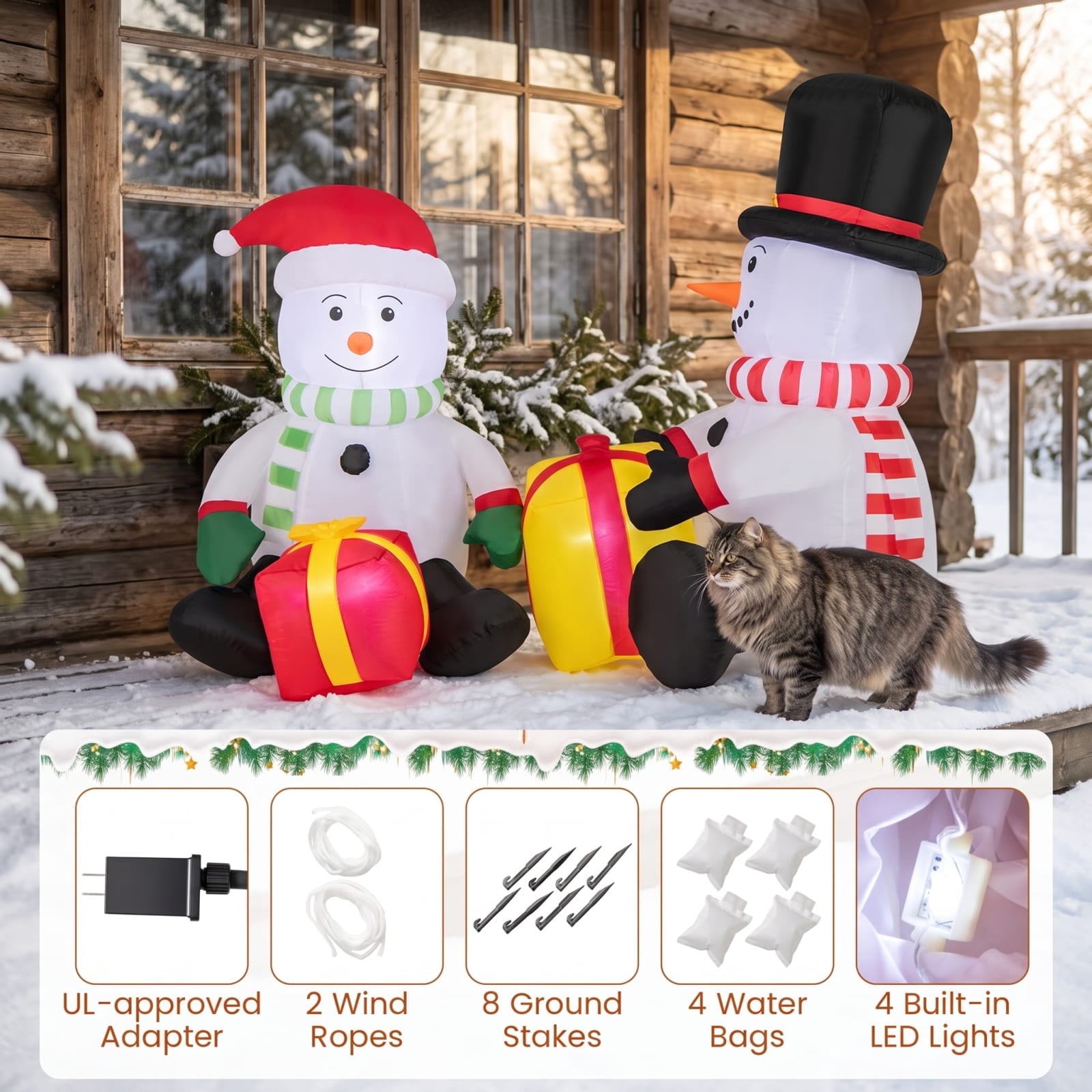 RUIE 5 FT Christmas Inflatables, 2 Blow Up Snowmen with Gift Boxes and LED Lights, Lighted Outdoor Yard Decorations for Lawn Garden - Multicolor