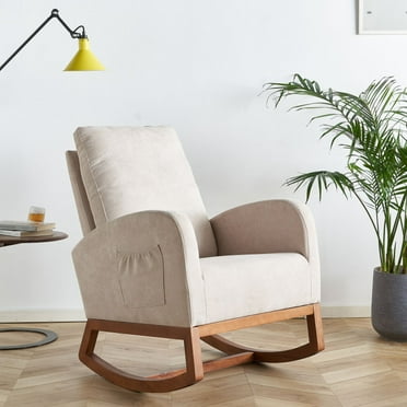 Beige Linen Nursery Rocking Chair with Thick Headrest,Mid-Century Modern Nursing Rocker,Upholstered Glider with Curved Armrest, Sturdy Solid Wood Base for Living Room, Bedroom, Baby Room