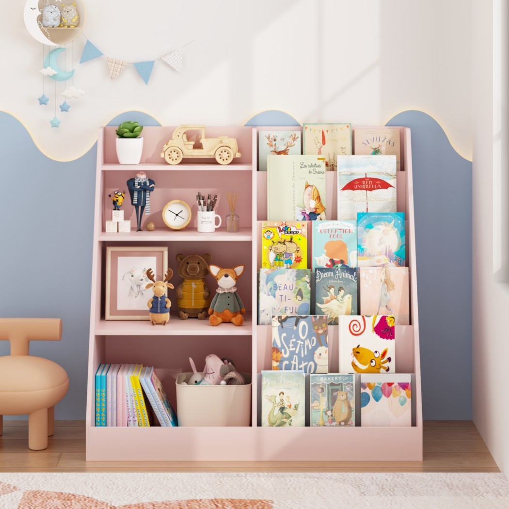 4-Tier Kids Bookshelf and Toy Storage Organizer, Wooden Children's Bookcase with Multi-Level Shelves & Toy Bin, Book Display Stand for Kids Room, Playroom & Nursery, Pink