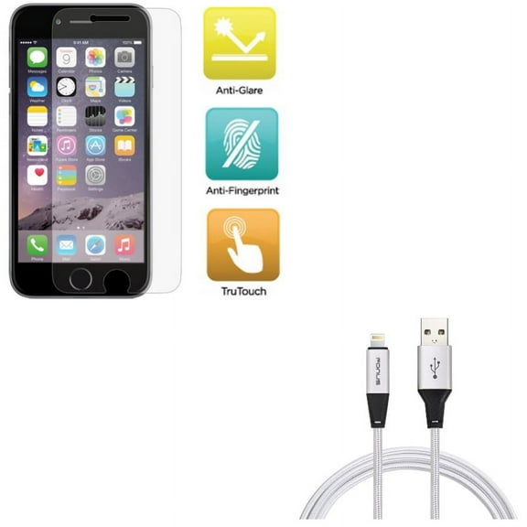 iPhone 8/7/6S/6 - Film TPU Screen Protector w Charger Cord 10ft USB Cable - Anti-Glare Anti-Fingerprint Matte, Power Wire Braided Long Sync for iPhone 8/7/6S/6