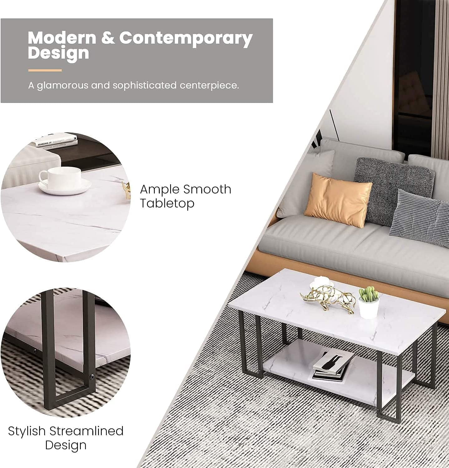 Cvortll Faux Marble Coffee Table With Metal Frame,Coffee Tables for Living Room With Storage,Durable and Dirt Resistant, Easy to Clean,White