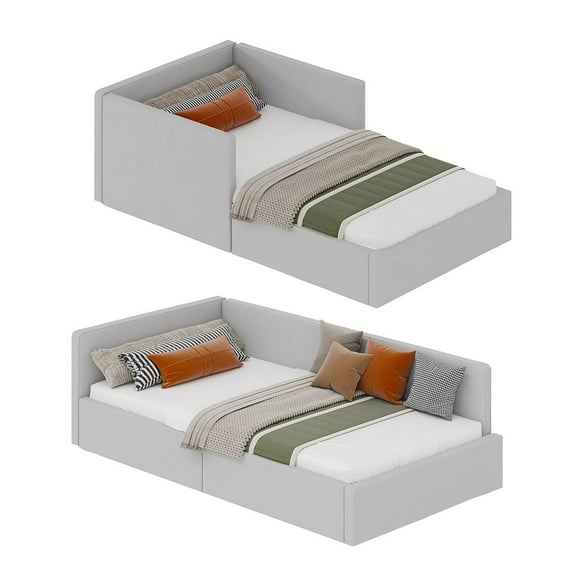 Ataucjin Twin Daybed with headboard, Corner Bed Frame with Bed Rails, Velvet Upholstered Sofa Bed with Guardrail for Bedroom, Guest Room, Adjustable Installation, Wooden Slats Support