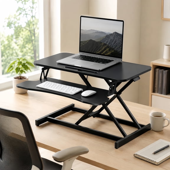 Atumcto Adjustable Standing Desk Riser 32 inch Sit-Stand Workstation with MDF Top and Metal Frame, Dual Monitor Converter, Black