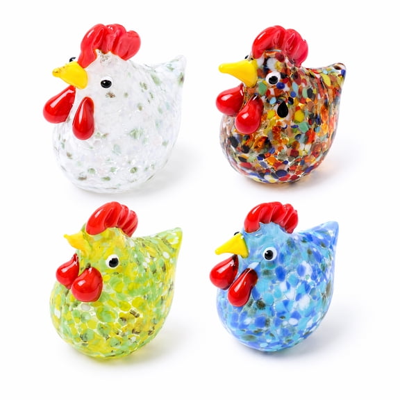 4Pcs Glass Chicken Figurines Handmade, Colorful Mini Chicken Decor Set with Rooster Statues for Kitchen Farmhouse & Easter