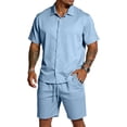 thumbnail image 2 of Nestiefly Mens Short Sleeve 2 Piece Sets Button Textured Down Casual Summer Beach Vacation Linen Shirt and Shorts Outfit Light Blue XL, 2 of 6