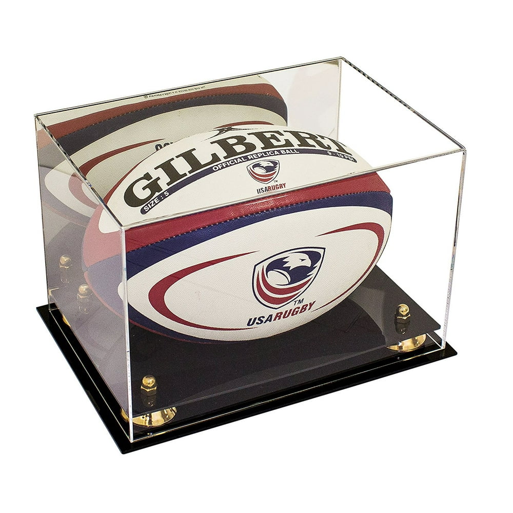 Deluxe Acrylic Rugby Ball Display Case with Gold Risers and Mirror