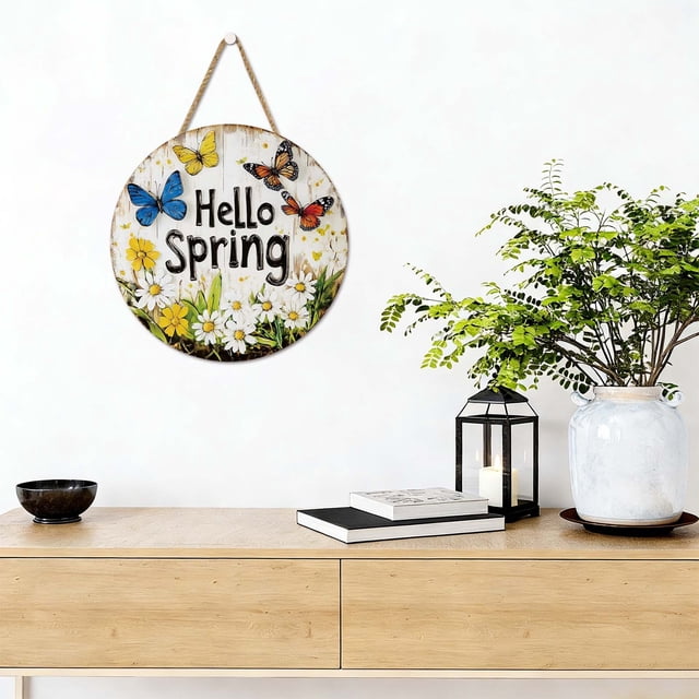 Spring Welcome Sign (30Cm), " Spring" Butterfly & Round Wall Sign 7.87/11.81In Rustic Spring Decor Plaque for Home Door Window Indoor/Outdoor Decoration &