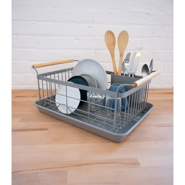 Yamazaki Home Dish Rack, Gray, Steel + Wood, Supports 22 pounds, Drainer  Tray, Handles, Utensil Holder, Water Resistant, No Assembly 