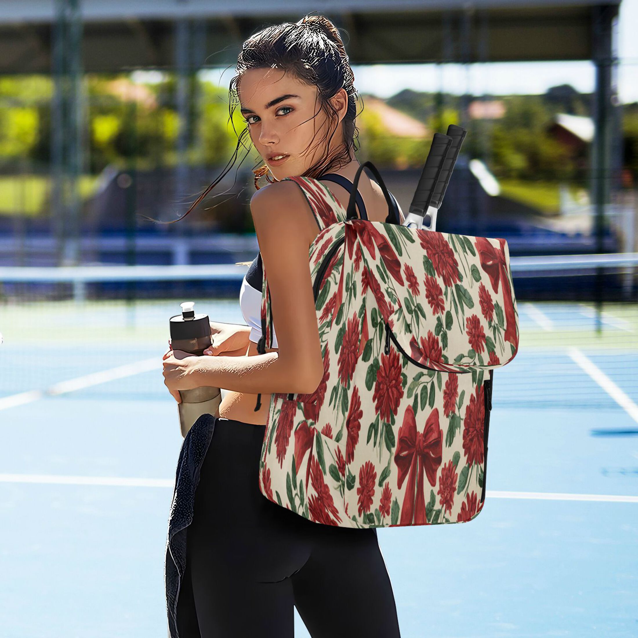 2 Racquet Holder Tennis Backpack Tennis Racket Covers Gym Bags Red Christmas Bows and Floral