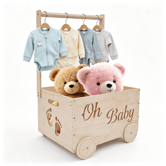 XIBUFE Baby Shower Gifts Baskets,Wooden Baby Closet Gifting for Newborn Boys and Girls,Wood Crate Box with Handle and Wheels,Personalized Cute Babyshower Decorations Basket for New Born