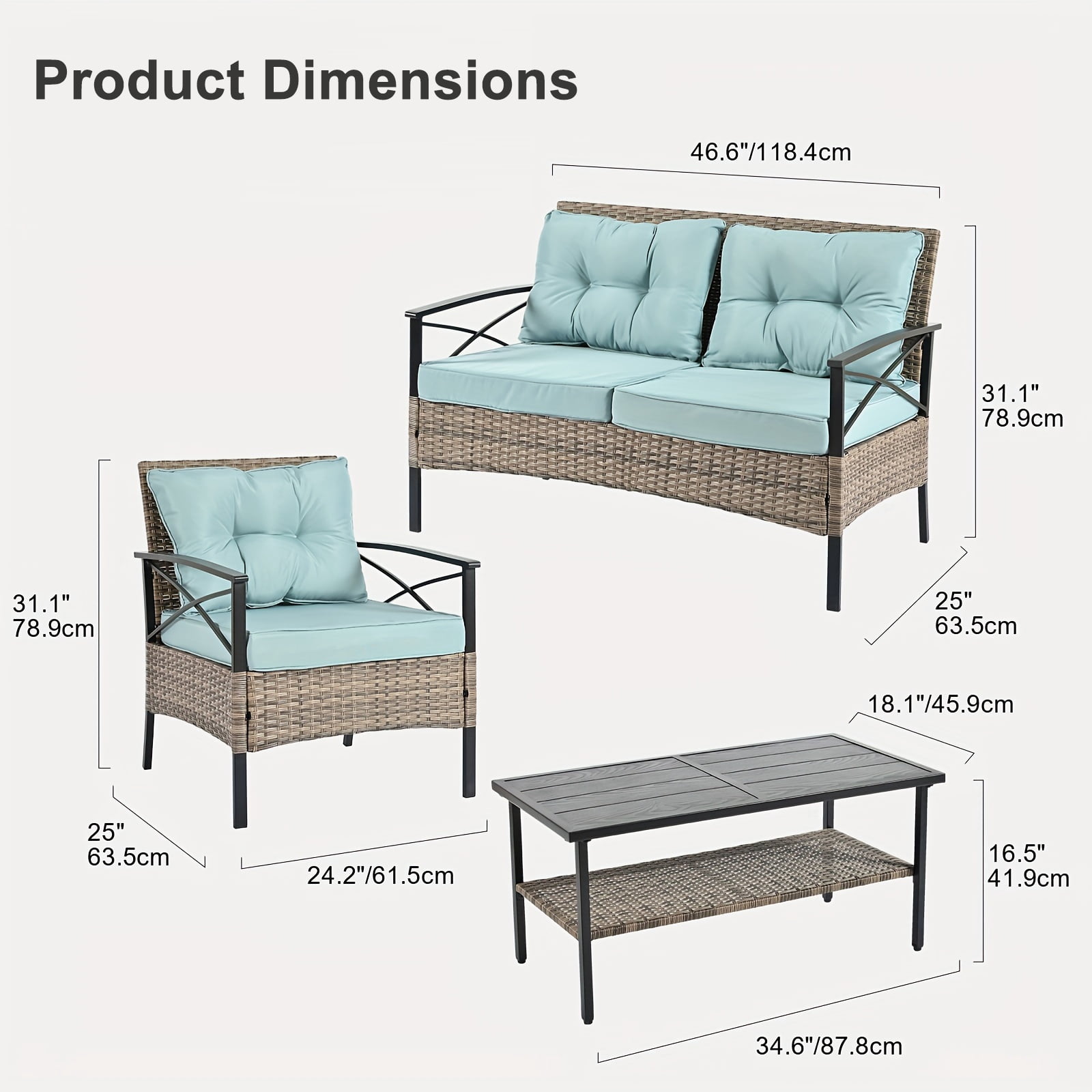 Highsound 4 Pcs Patio Rattan Wicker Furniture set, Outdoor Sectional Sofa Set with Large Coffee Table, Blue