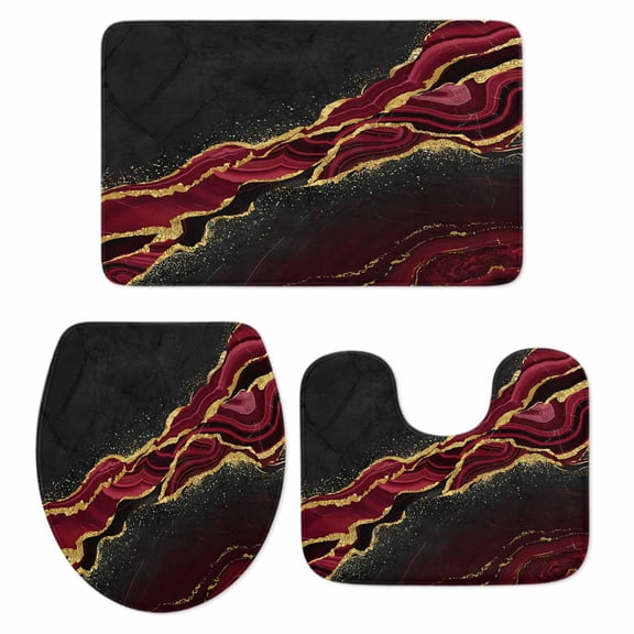 Black Gold Marble Bathroom Rugs Set Rose Red Luxury Modern Abstract Texture Non Slip Absorbent Soft Bath Mats 3 Piece Set with Bathroom Rug, U-Shaped Floor Mat, Toilet Seat Cover Small Size