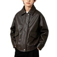 thumbnail image 2 of ATORRE Boys Leather Jacket 2026 Stylish Stand Collar Long Sleeve Zipper Baseball Jackets Kids Leather Jacket Fall Winter Outerwear Coffee A 7-8 Years, 2 of 9