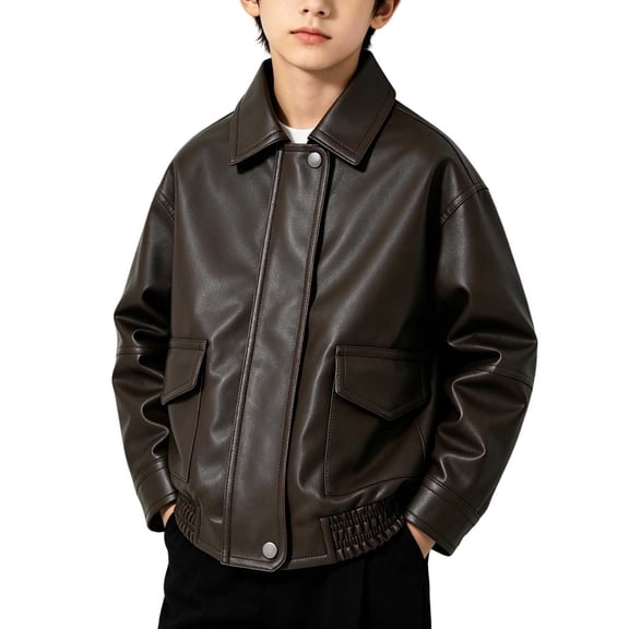 ShomPort Boys Biker Jackets Trendy Leather Loose Collar Zip up Outerwear Long Sleeve Coats 1-13 Years