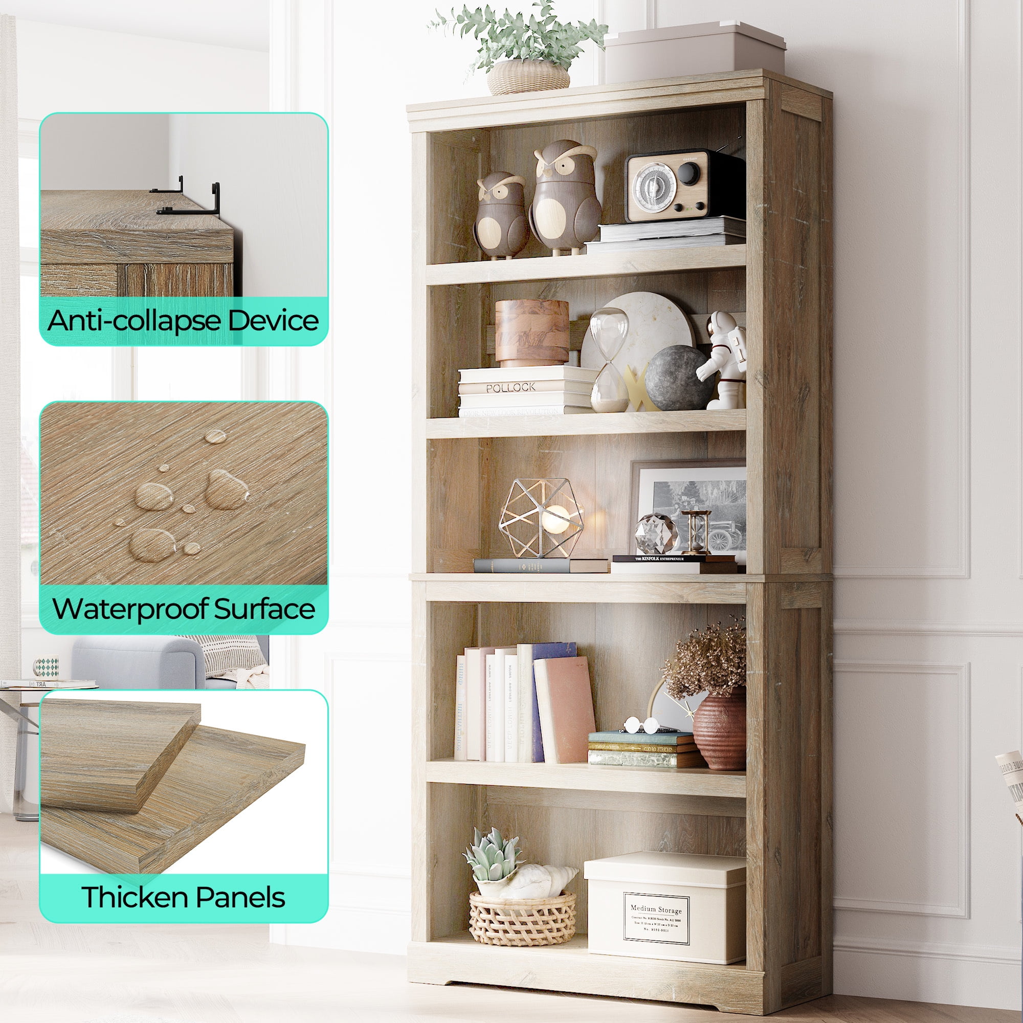 Linsy Tall Scratch-Resistant Shelf Storage Organizer Bookcase, 4016" x 14.96" x 10.43", Light Brown