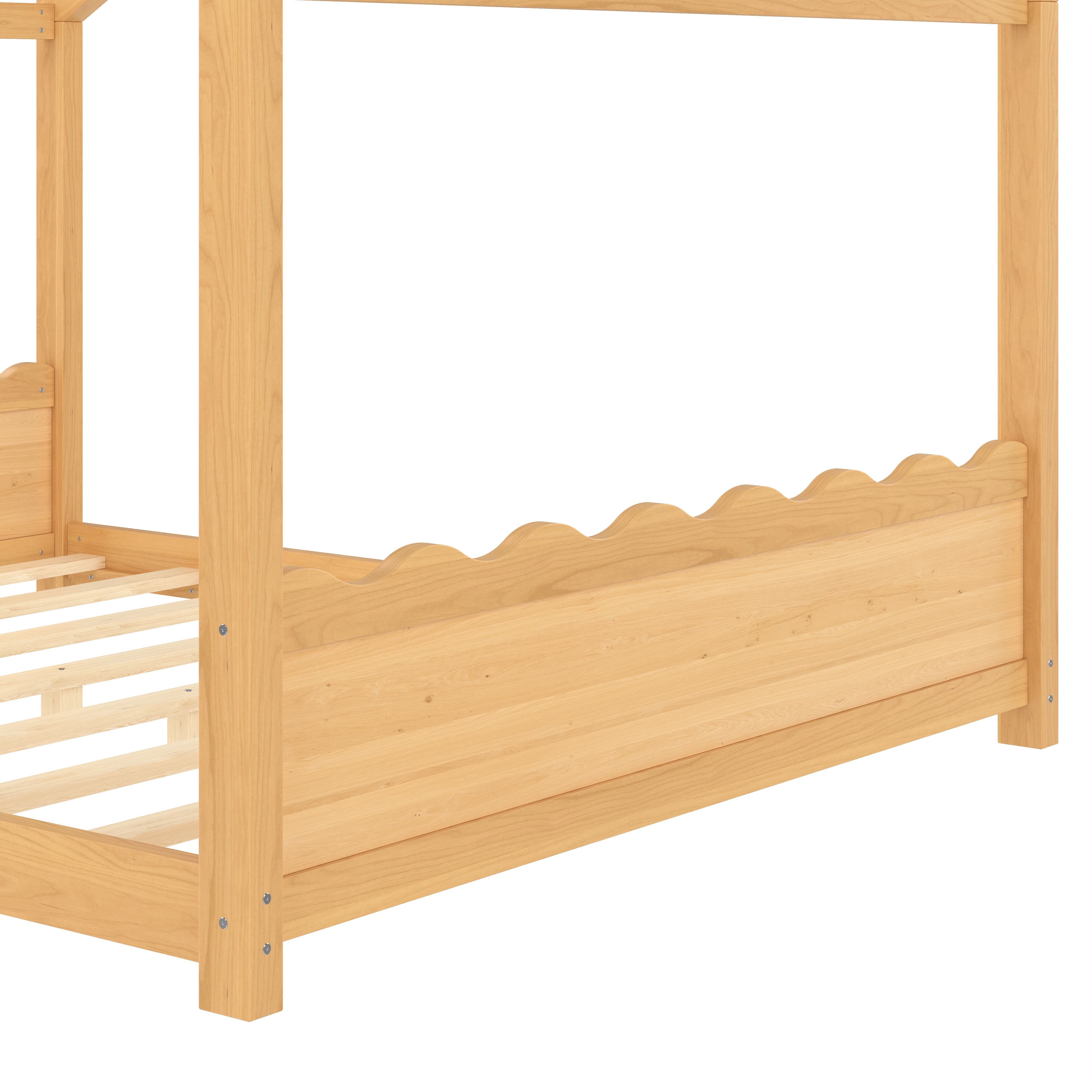Yoneston Queen House Floor Bed with Roof, Solid Wood Platform Bed Frame with Opening Constructure for Kids, No Box Spring Needed, Natural