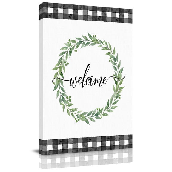 Welcome Canvas Wall Art for Living Room, Vintage Leaf Wreath Plant Black Plaid Border Poster Print Painting for Bedroom Office Home Decoration Wall Pictures Prepare To Hang 12"x12"