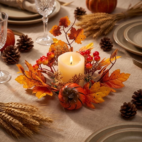 geerera Fall Mini Wreath Candle Ring with Maple Leaves & Berries, Artificial Harvest Accent for Pillar Candles, Rustic Tabletop Decor for Thanksgiving & Halloween