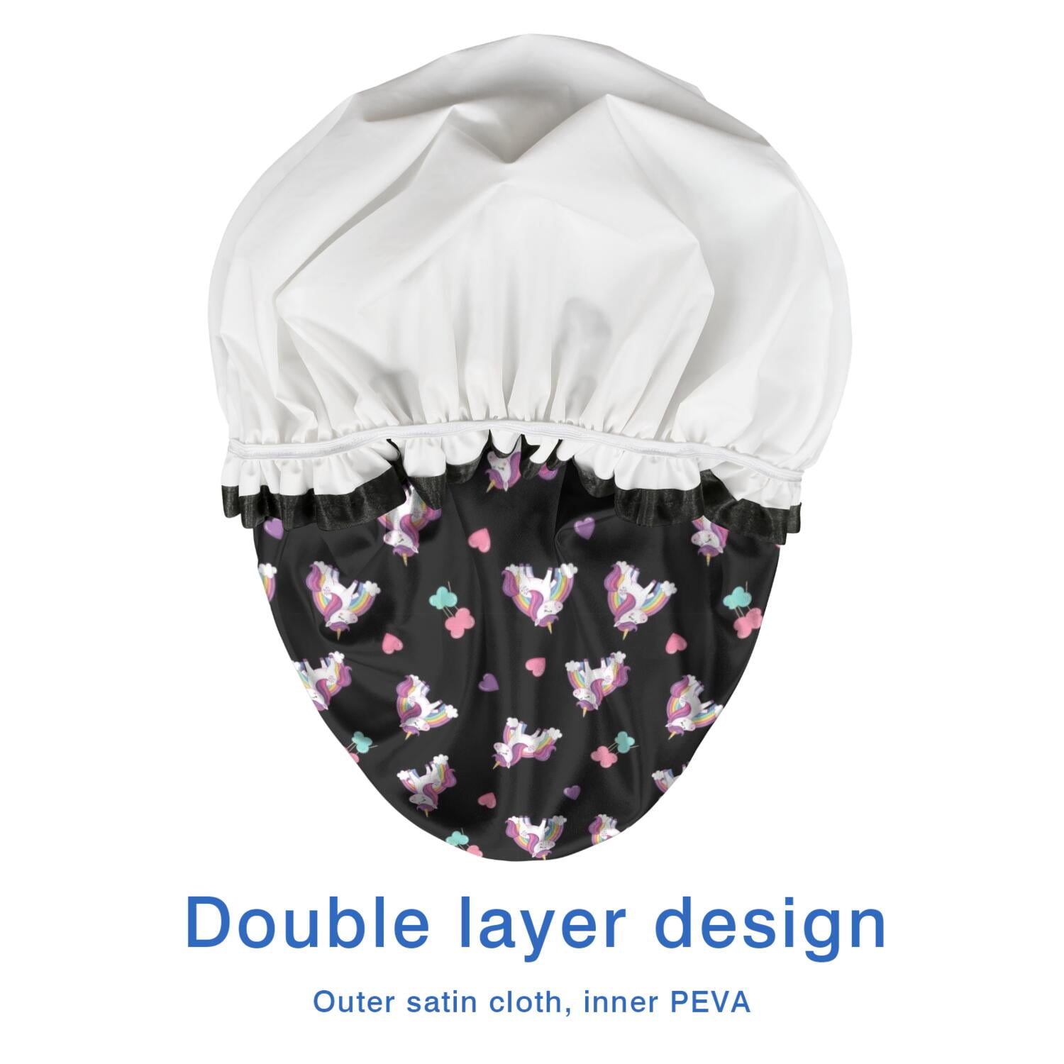 Shower Caps,Black Cartoon Unicorn Heart Pattern Waterproof Shower Cap for Women 4 Pieces,Double Reusable Hair Cover for Shower PEVA Elastic Stretch Hem