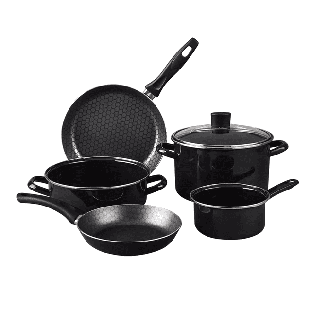 Bateria De Cocina de Aluminio Con Antiadherente 6 Piezas Negro Con Tapa De Vidrio