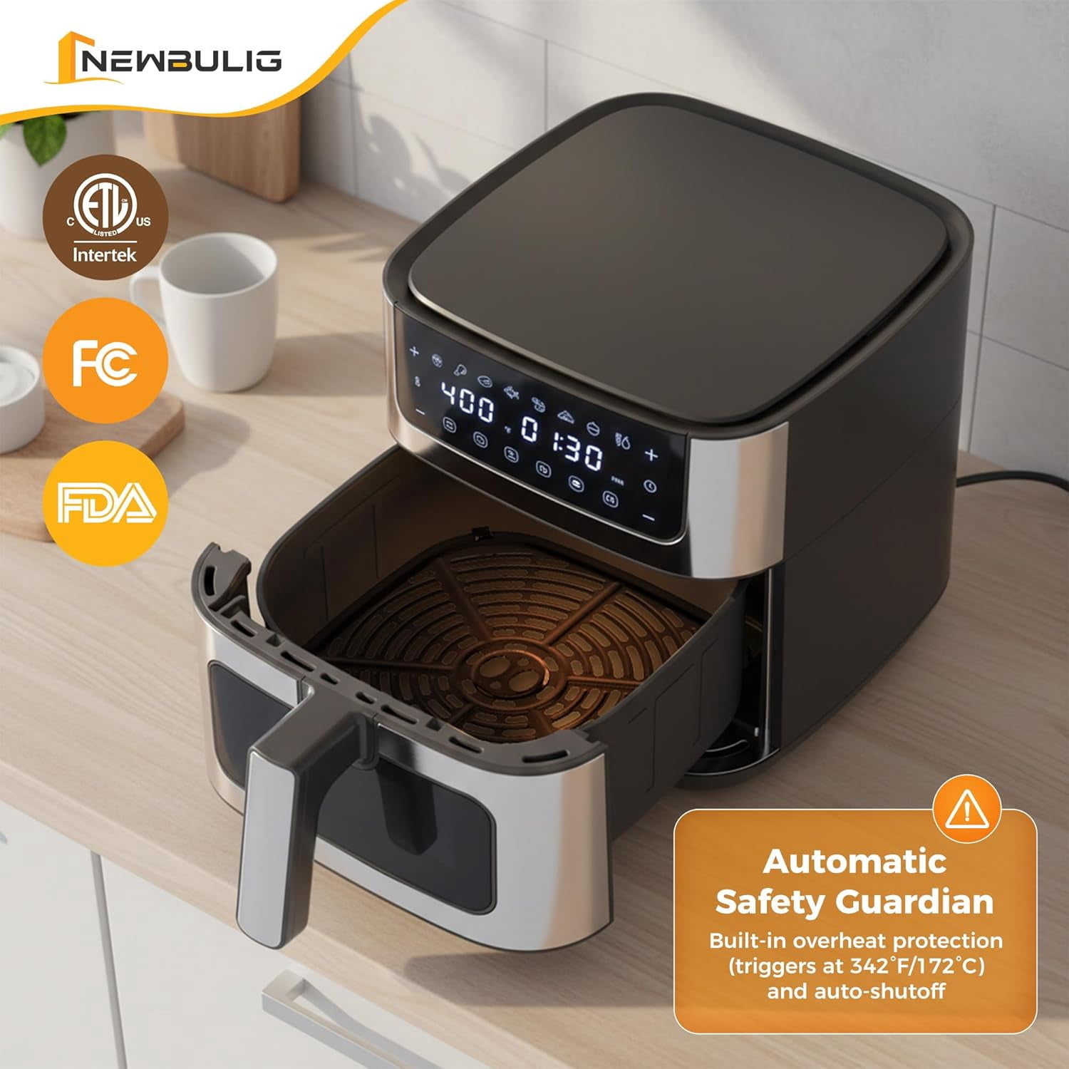 Air Fryer 6.34QT, Airfryer with Visible Window, 400 ℉ Fast Heating Air Fryers Oven with Nonstick and Dishwasher-Safe Basket, 8-in-1 Cooking Preset, Timer，Auto-Off, Stainless Steel, White