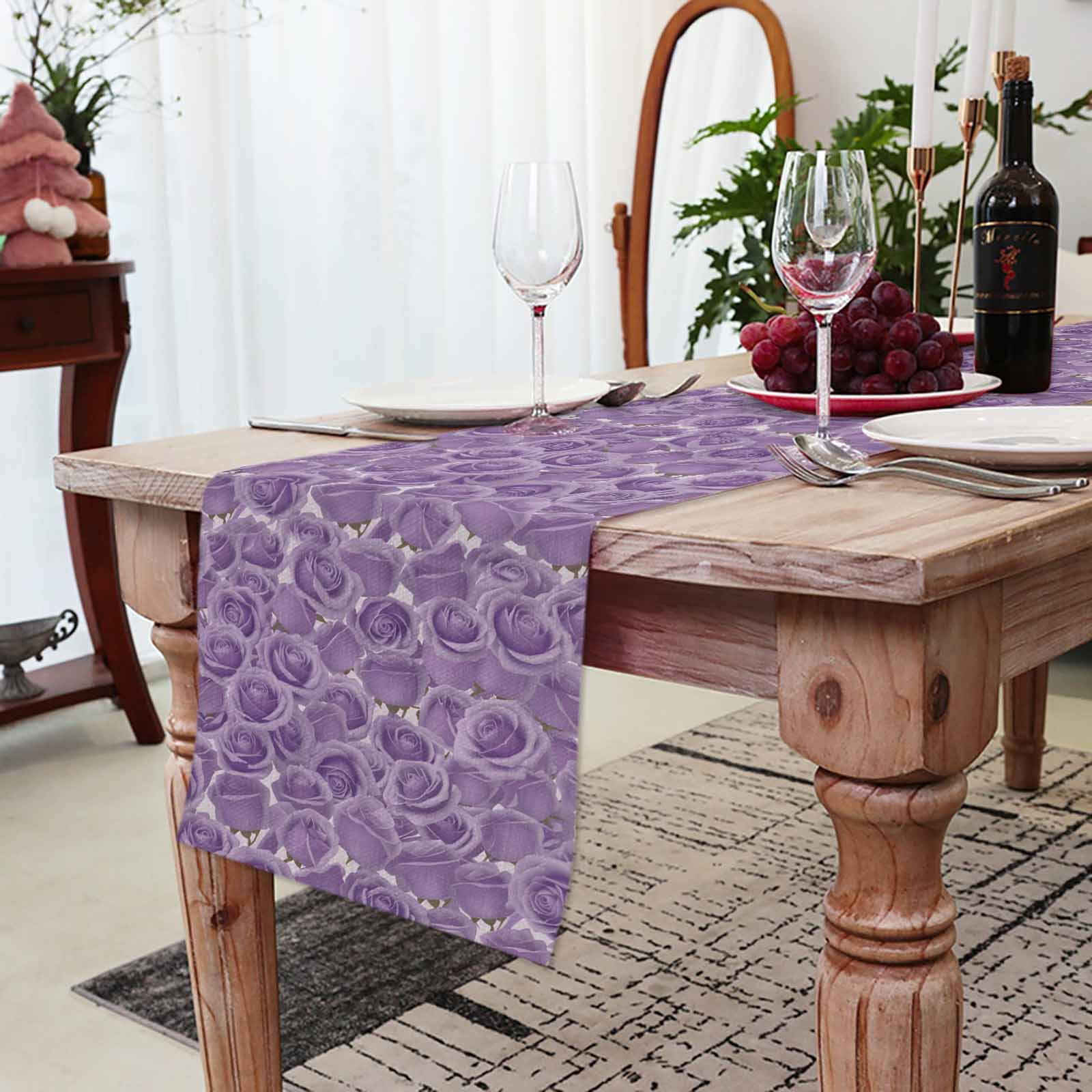 Purple Rose Table Runner, Valentine's Day Washable Cotton-linen Table Runners Dining Kitchen Decoration for Everyday Home Wedding Party Decor, 13 x 120 Inch