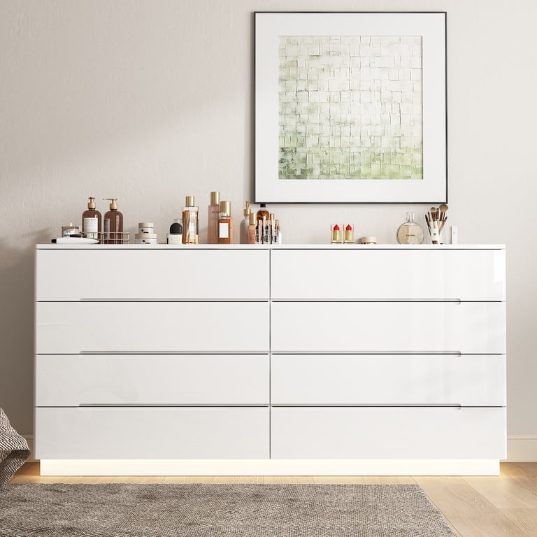 white gloss dresser Amerlife Kino 47.2" High 8-Drawers Modern LED Light Drawers Bedroom Chest a sleek and modern storage solution for your home Ines 6-drawer Bedroom Dresser Cabinet