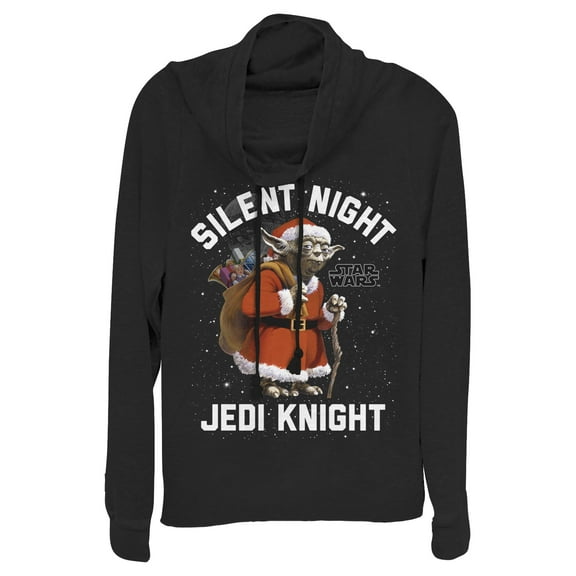 Junior's Star Wars Christmas Stanta Yoda  Cowl Neck Sweatshirt Black X Large