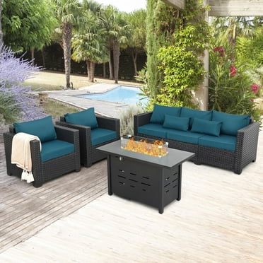 Waroom 4pcs Outdoor Conversation Set Patio Furniture Set with Fire Pit 50000BTU(Seats 5), Black/Peacock Blue