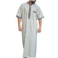 thumbnail image 2 of Kakii Men's Muslim Short Sleeve Hooded Thobe with Full Zip, Striped Casual Robe, 2 of 9