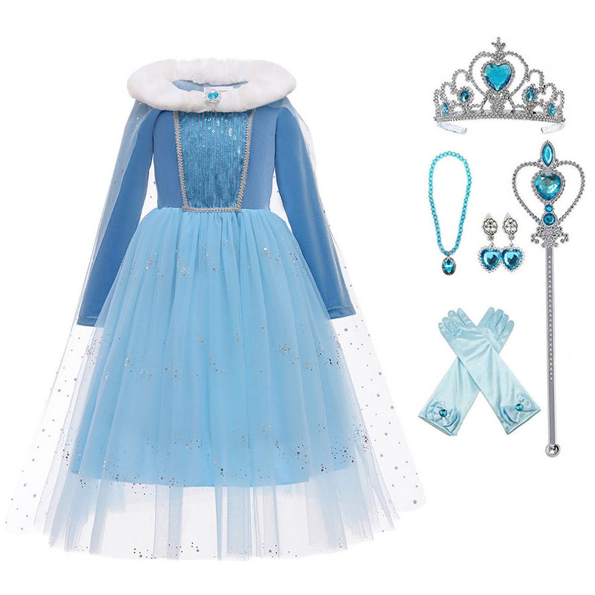 HAWEE Frozen Elsa Dress Girls Princess Costume Birthday Party Winter Fancy Velvet Faux Fur Collar Dress Up Long Sleeves