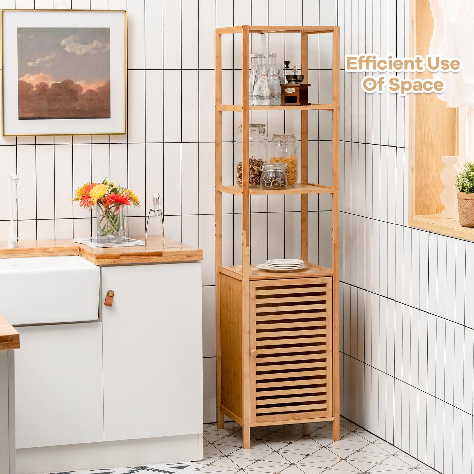 Giantex Tall Bamboo Cabinet, Slim Narrow Floor Freestanding Linen Tower Rack for Bathroom, Living Room or Kitchen