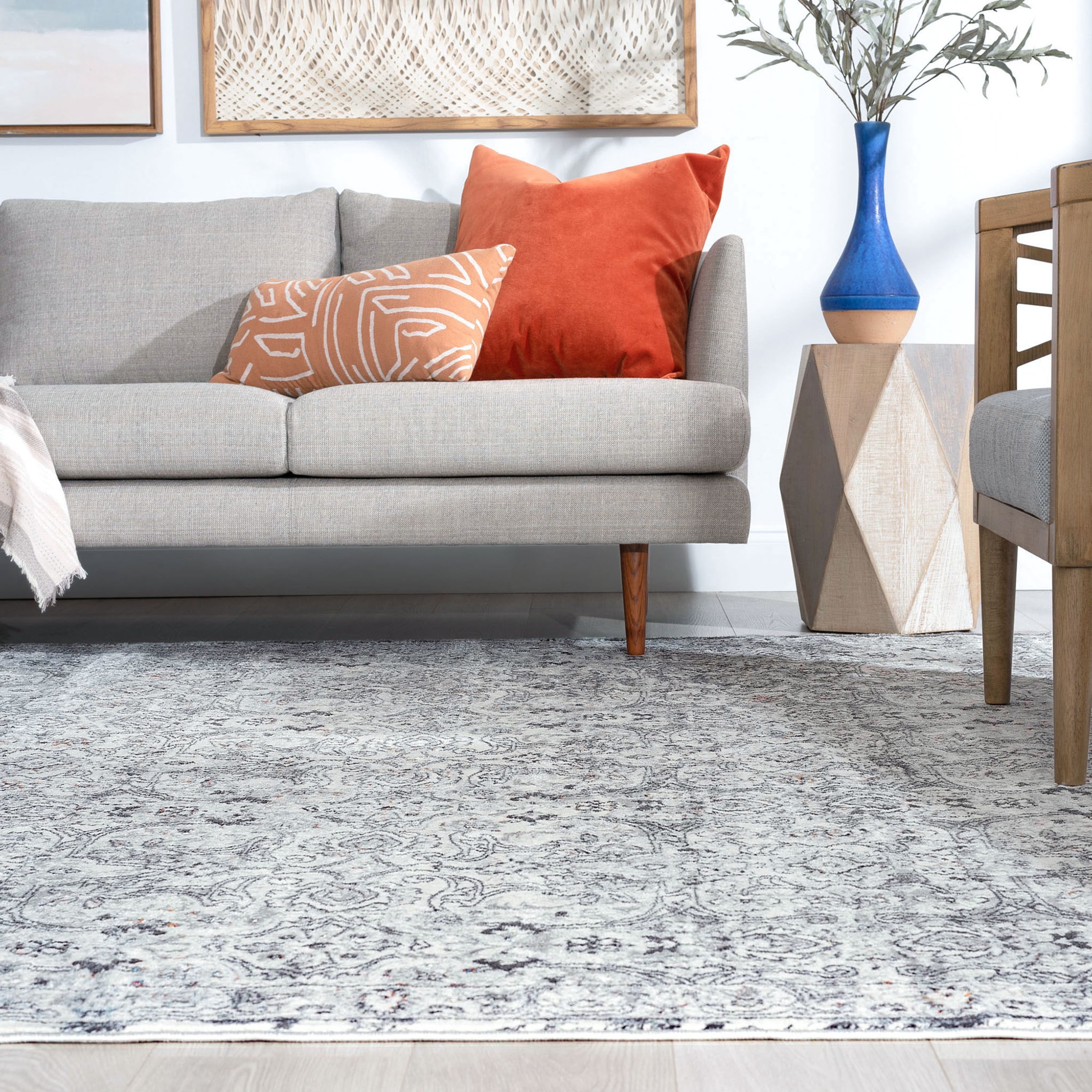 Traditional 5x8 Area Rug (5'3'' x 7'3'') Floral Gray, Teal Living Room Easy to Clean