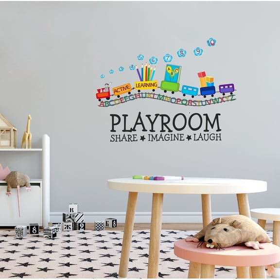 KIDS PLAYROOM - Home Kids Playroom Multicolored Toy Train English Letter Alphabets Railway Decal Active Learning Lettering Art Inspirational Quotes Wall Decal 20" x 14"