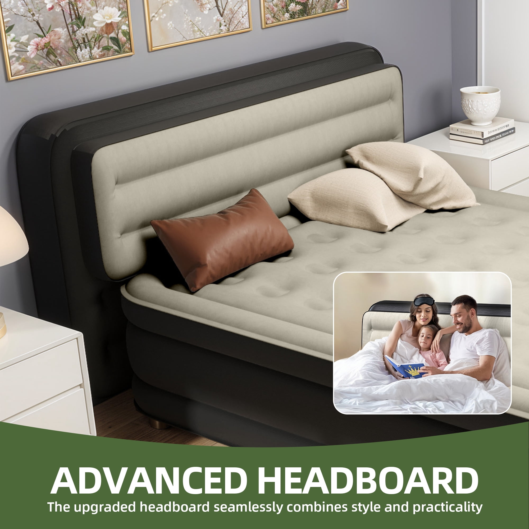Uforic Queen Size Air Mattress with Built-in Headboard and Inflation Pump, 18in Deluxe Flocked Top Air Mattress, Sturdy Blow-Up Bed for Home & Visitors, Black