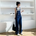 thumbnail image 3 of Salopettes Rétro Y2k Bleu Foncé pour Femmes Mode Coréenne Combinaison en Denim Été Ample Taille Haute Rue Pantalon Ample ZR, 3 of 6