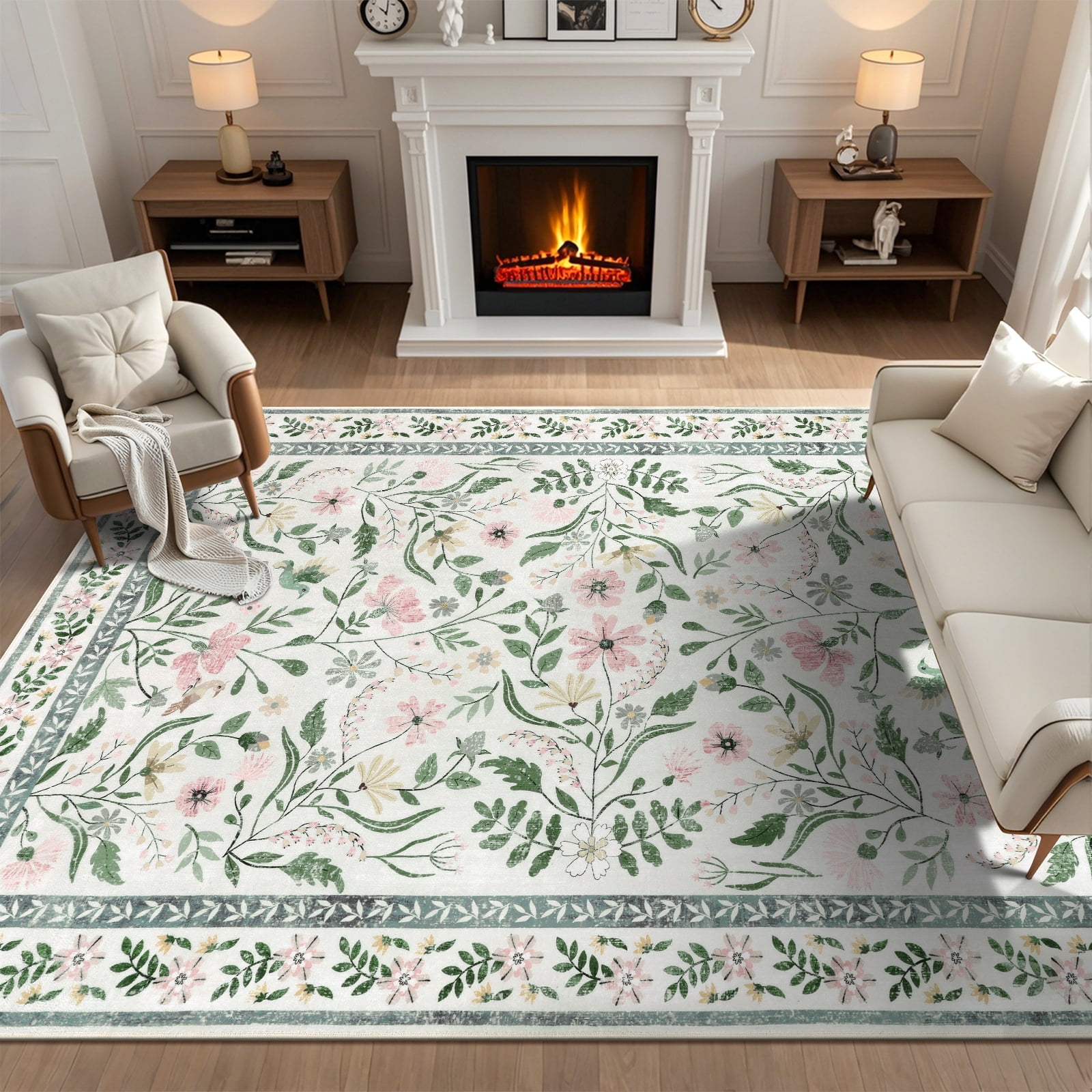 LOKHOM 9'x 12' Floral Washable Area Rugs for Living Room, Non Slip Low Pile Floor Carpet Soft Distressed Rug for Bedroom, Dining Room, Green