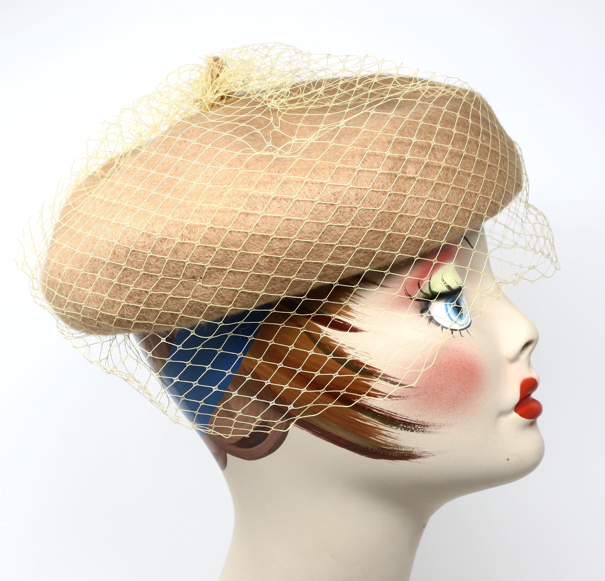 Camel Wool Felt Beret w Veil Netting - Church, Party, Retro Style by Hey Viv